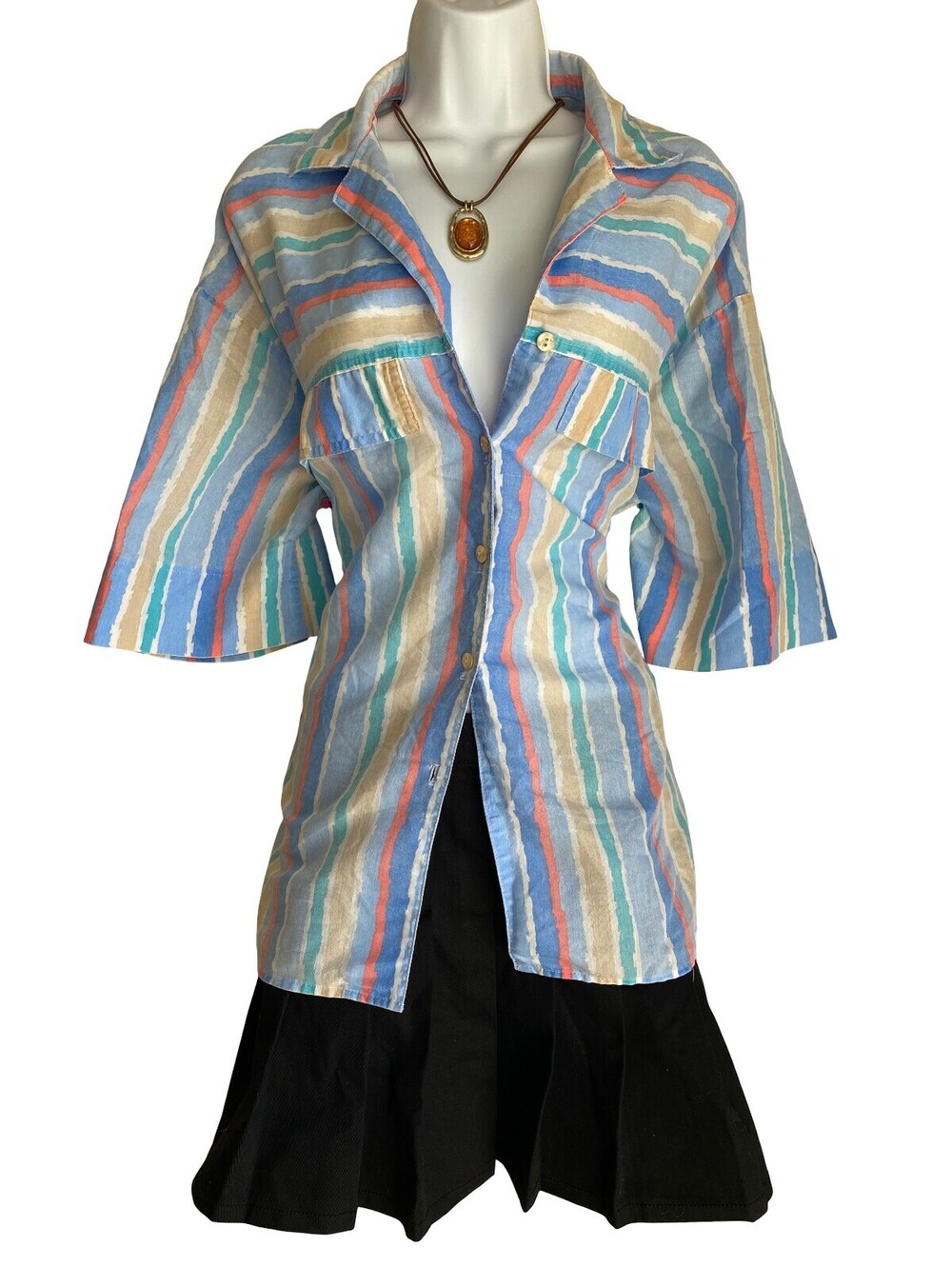 80s Vintage Cabrais Plus Size 2X Striped Button Up Tunic Blouse Fall Casual Top